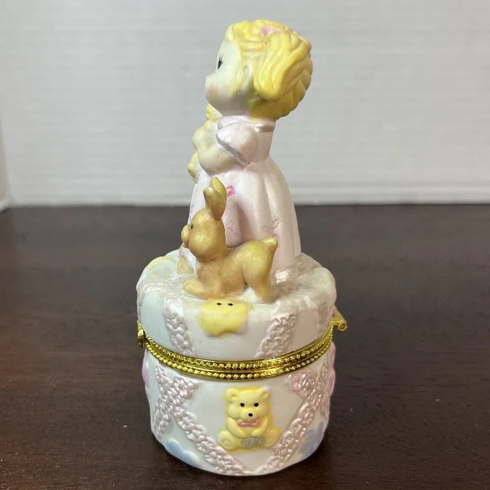 Vtg‎ Porcelain Hinged Trinket Box Girl & Teddy Bear Jewelry Holder Tooth Fairy